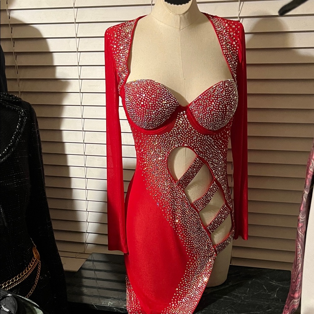 Red Rhinestone Cutout Dress - Picture 5 of 6